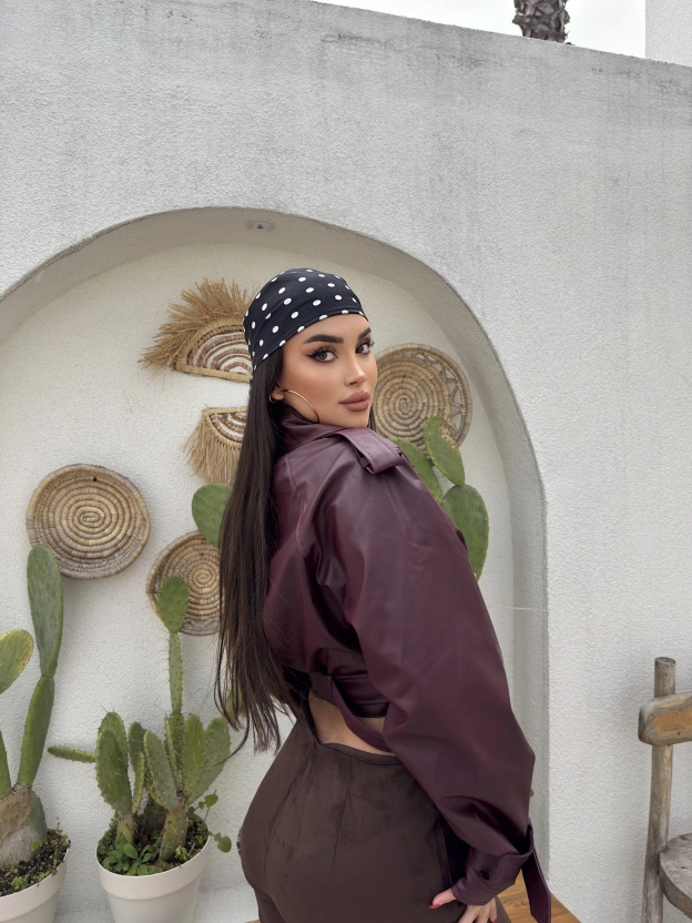 Bordo Crop Kemerli Deri Ceket