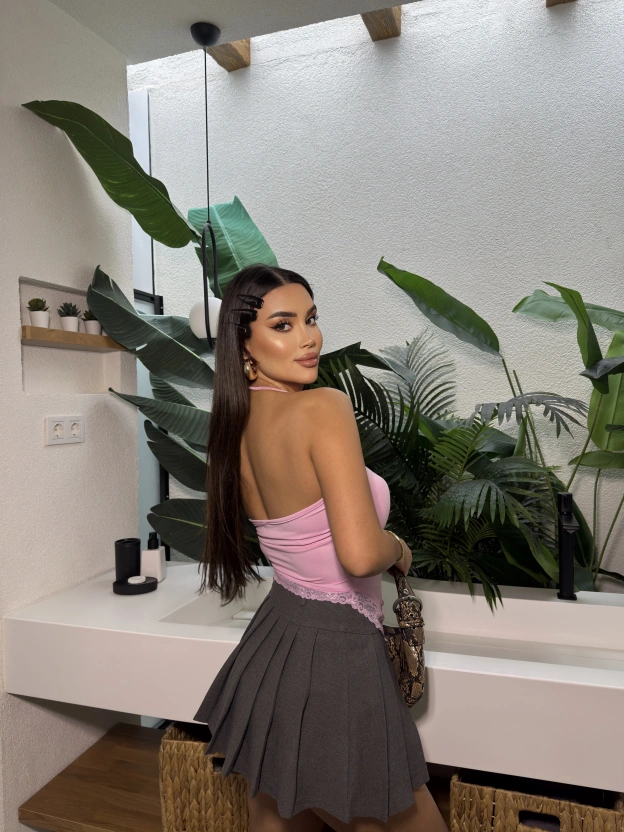 Pembe Dantel Boyundan Bağlamalı Asimetrik Bluz