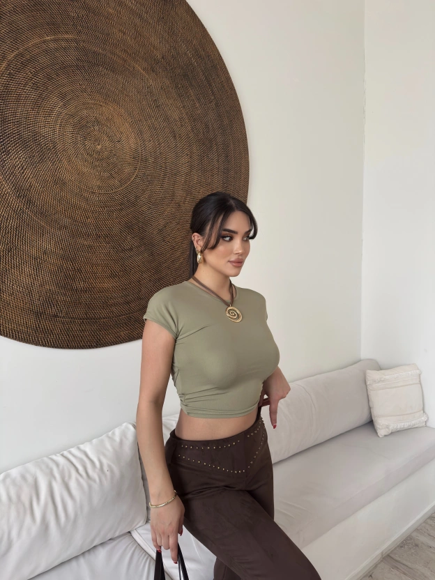 Mini Yeşili Sırt Detay Basic Crop