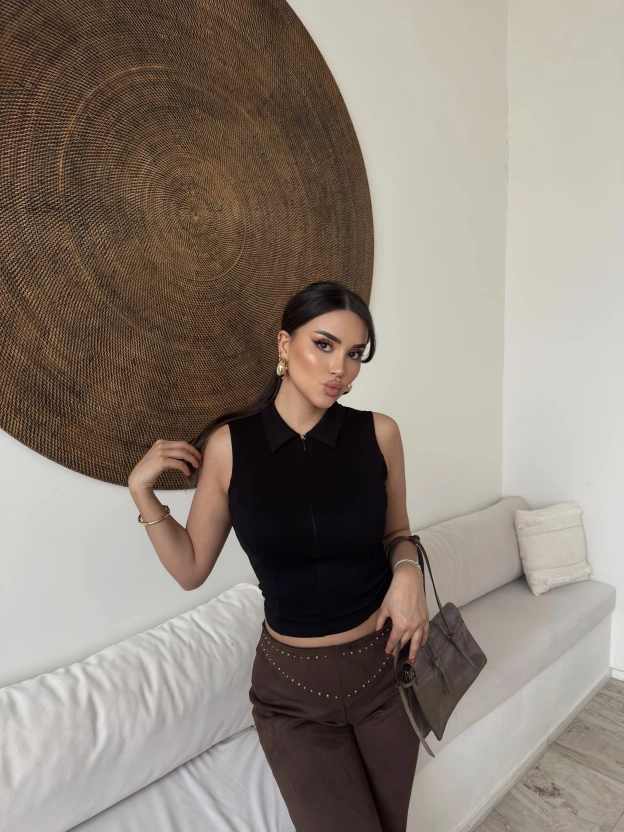 Siyah Polo Yaka Fermuarlı Modal Crop