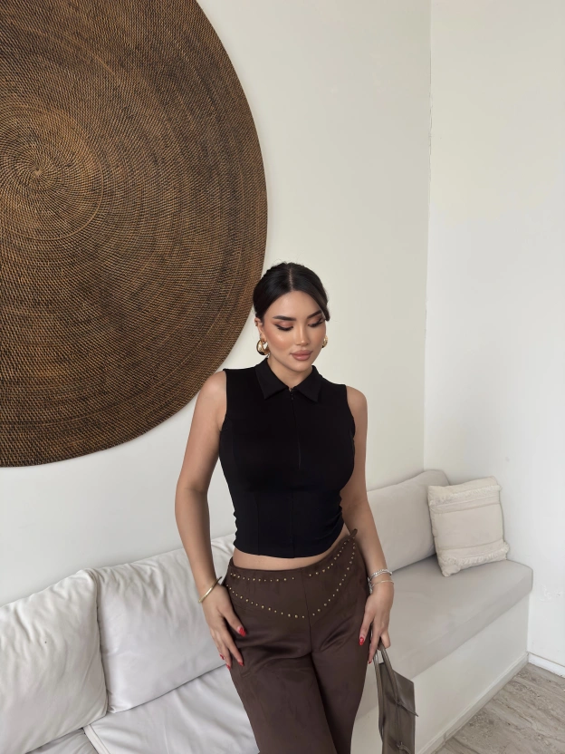 Siyah Polo Yaka Fermuarlı Modal Crop