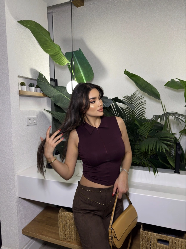 Mürdüm Polo Yaka Fermuarlı Modal Crop