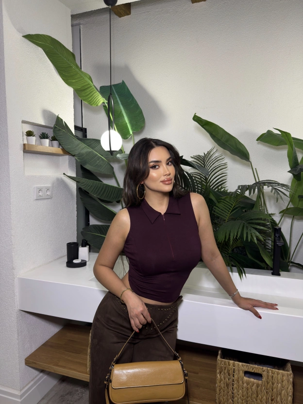 Mürdüm Polo Yaka Fermuarlı Modal Crop