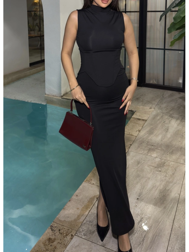 Siyah Korseli Uzun Elbise