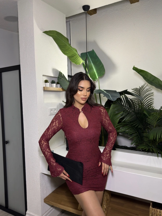 Bordo Damla Dekolteli Dantel Elbise