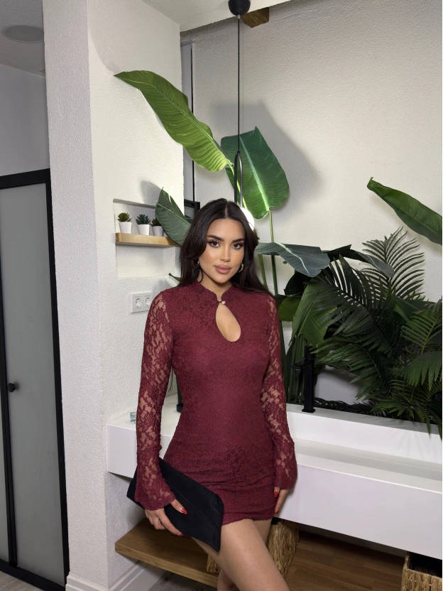 Bordo Damla Dekolteli Dantel Elbise