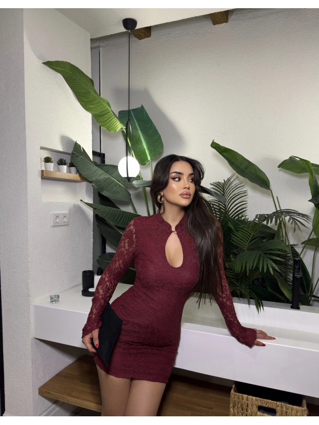 Bordo Damla Dekolteli Dantel Elbise