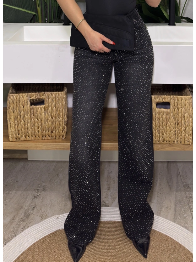 Siyah Wide Leg Önü Taşlı Pantolon