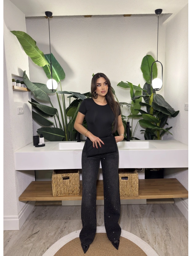 Siyah Wide Leg Önü Taşlı Pantolon