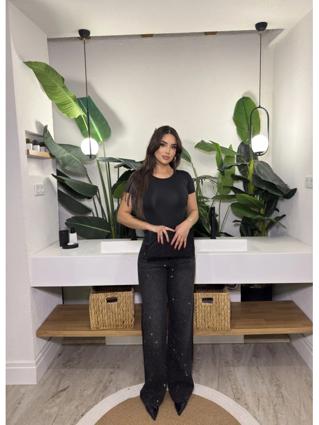 Siyah Wide Leg Önü Taşlı Pantolon