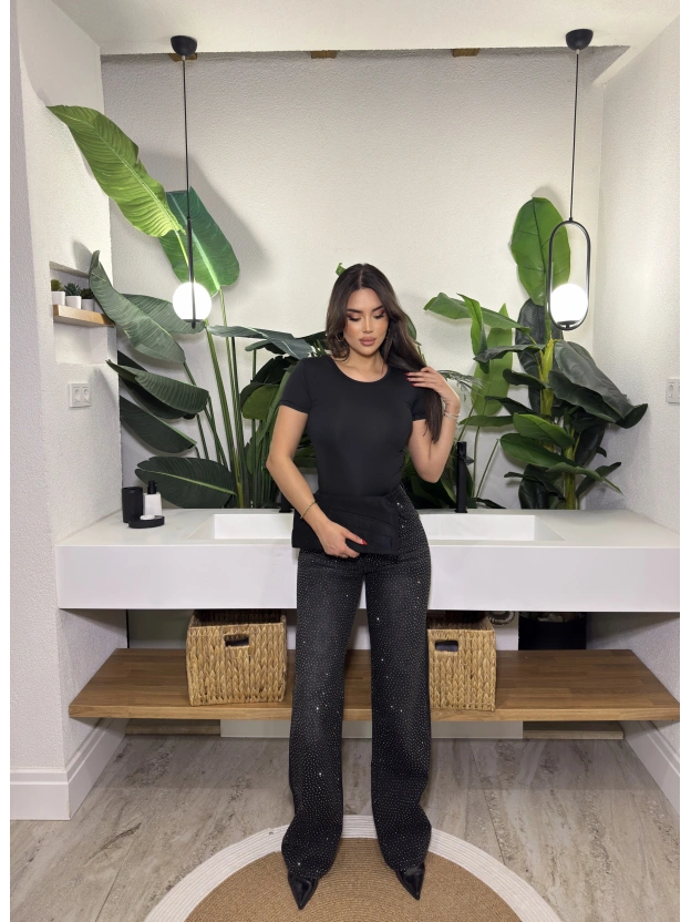 Siyah Wide Leg Önü Taşlı Pantolon