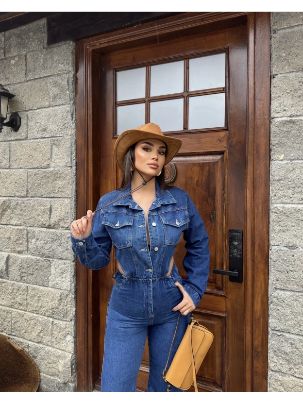 Mavi Bel Dekolteli Kot Tulum