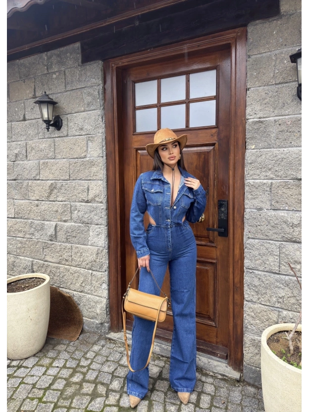 Mavi Bel Dekolteli Kot Tulum