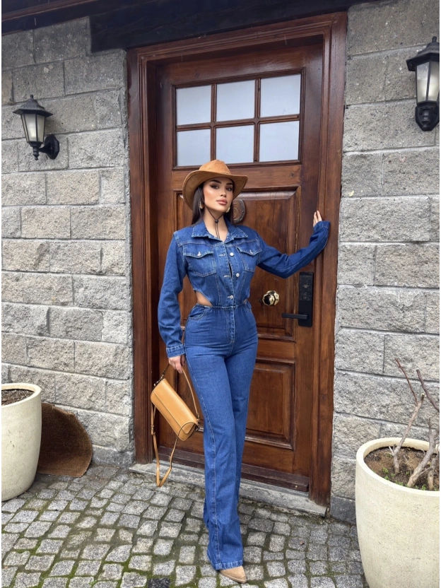 Mavi Bel Dekolteli Kot Tulum