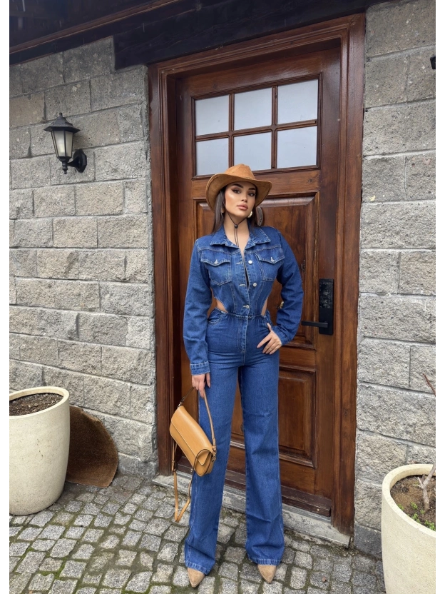 Mavi Bel Dekolteli Kot Tulum