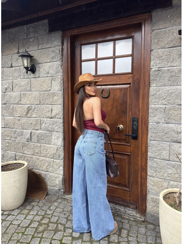 Mavi Geniş Paça Dökümlü Pantolon