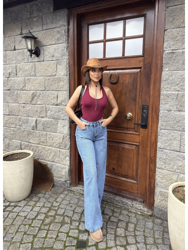 Mavi Geniş Paça Dökümlü Pantolon