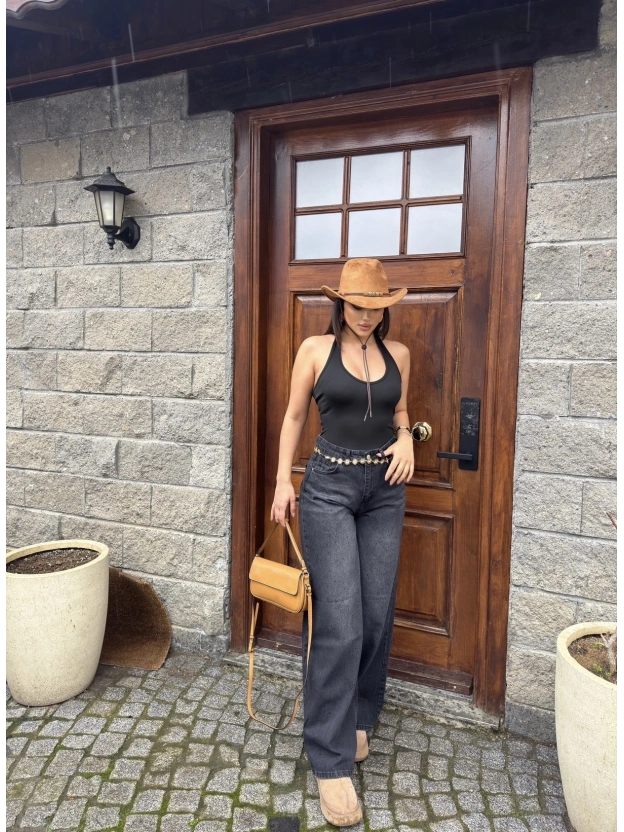 Füme Geniş Paça Dökümlü Pantolon