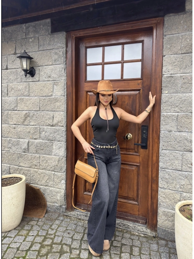 Füme Geniş Paça Dökümlü Pantolon