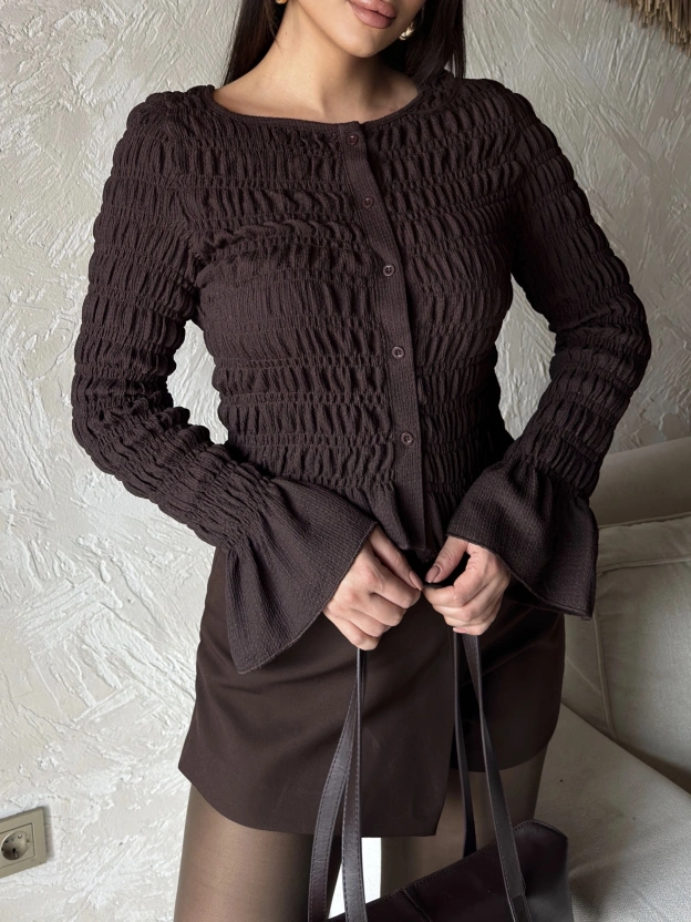 Kahverengi Düğmeli Gipeli Bluz