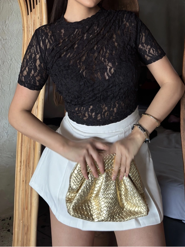 Siyah Drapeli Dantel Crop