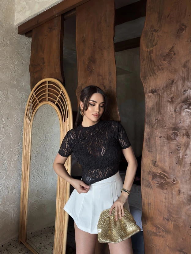 Siyah Drapeli Dantel Crop