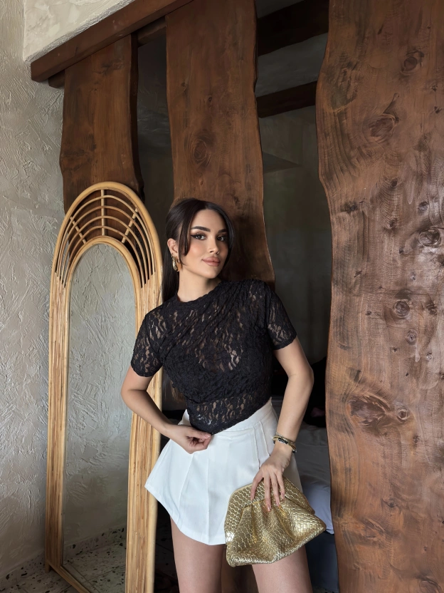 Siyah Drapeli Dantel Crop