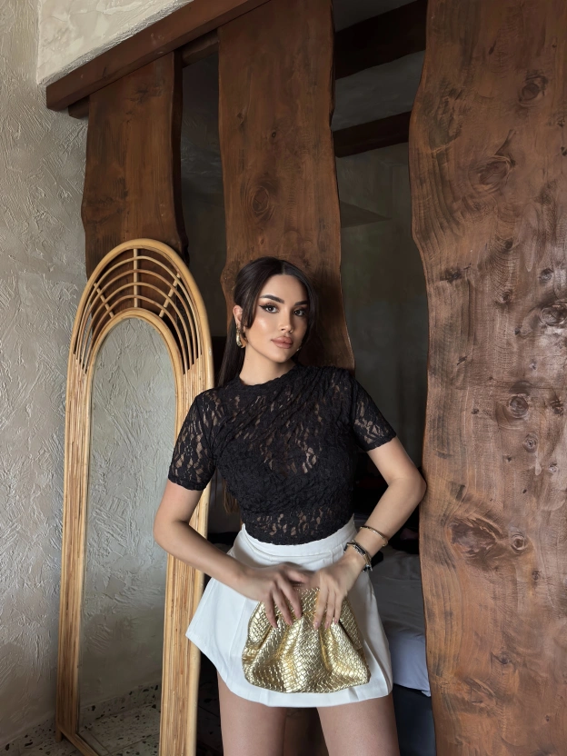 Siyah Drapeli Dantel Crop