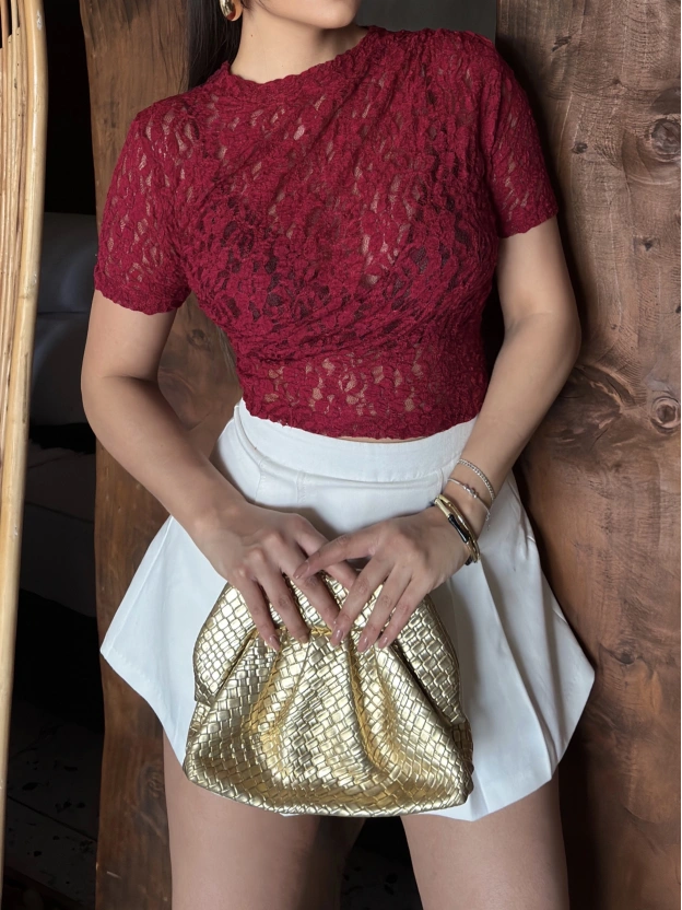 Bordo Drapeli Dantel Crop