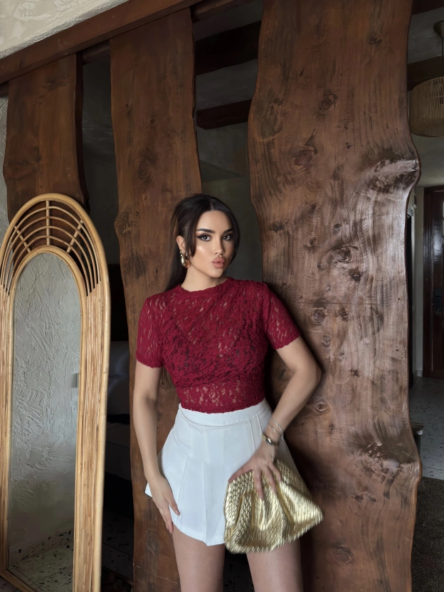 Bordo Drapeli Dantel Crop