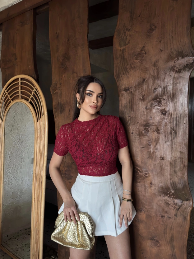 Bordo Drapeli Dantel Crop