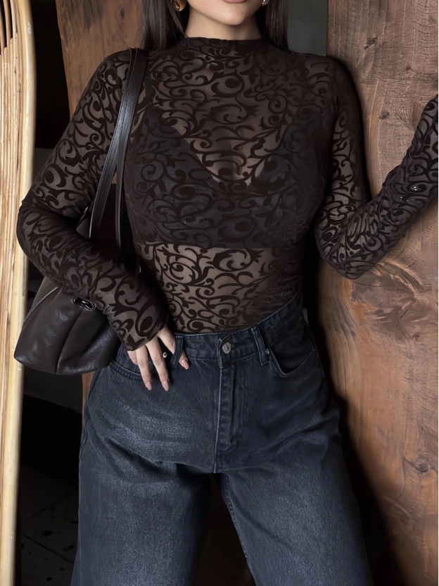 Kahverengi Güpürlü Transparan Bodysuit