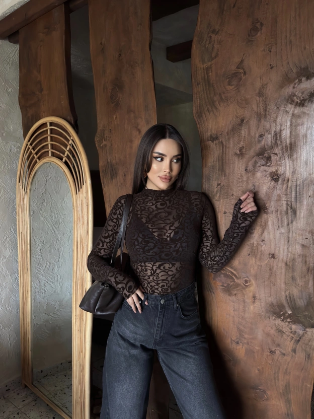 Kahverengi Güpürlü Transparan Bodysuit