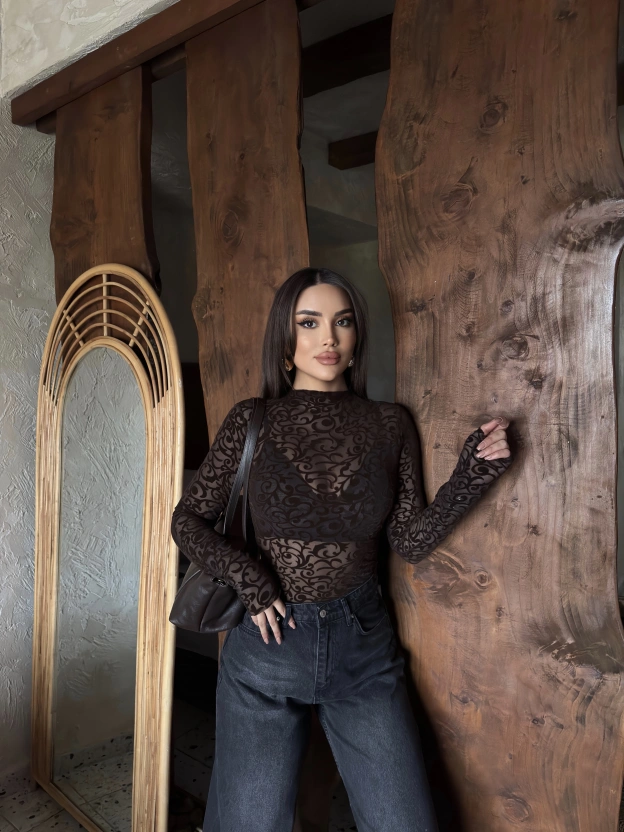 Kahverengi Güpürlü Transparan Bodysuit