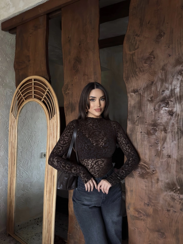 Kahverengi Güpürlü Transparan Bodysuit