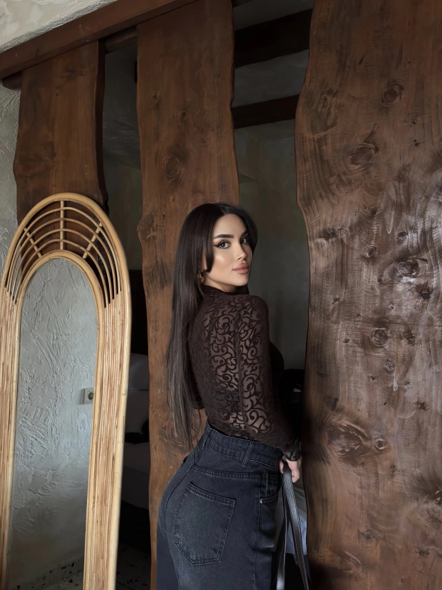 Kahverengi Güpürlü Transparan Bodysuit