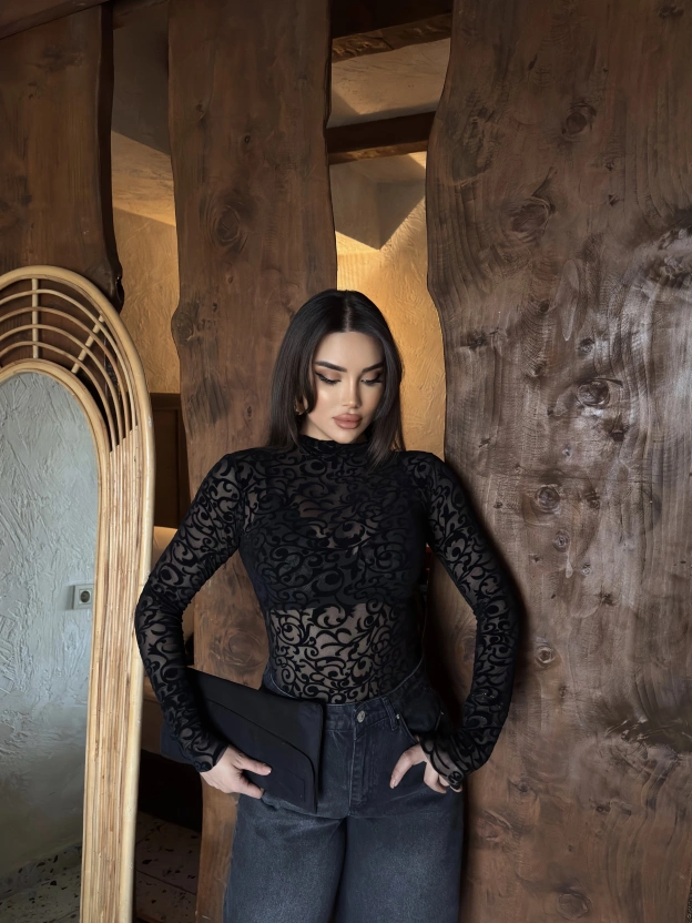 Siyah Güpürlü Transparan Bodysuit