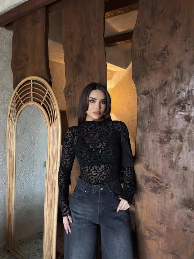 Siyah Güpürlü Transparan Bodysuit