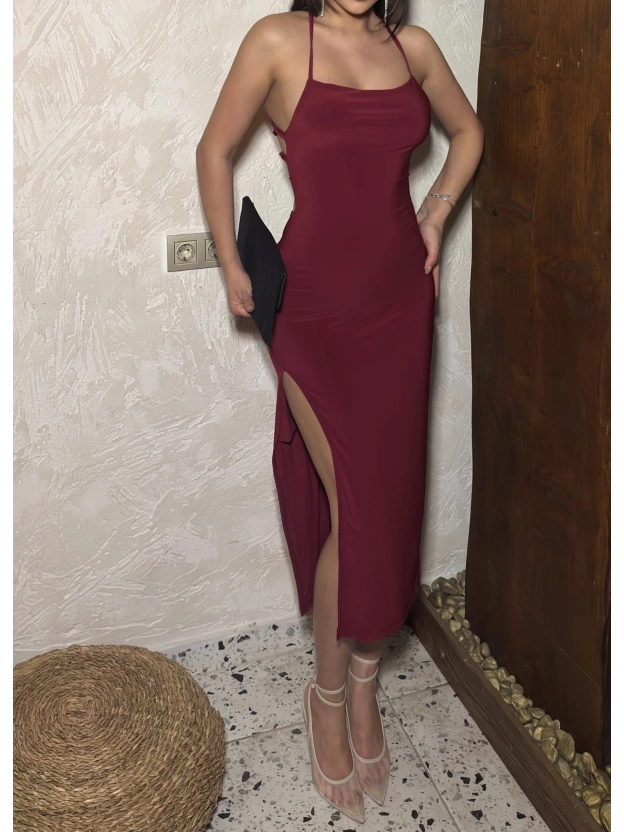 Bordo Sırt Detay Uzun Elbise