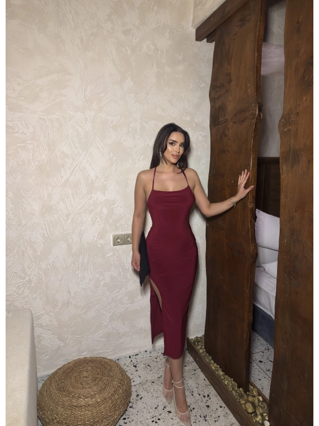 Bordo Sırt Detay Uzun Elbise