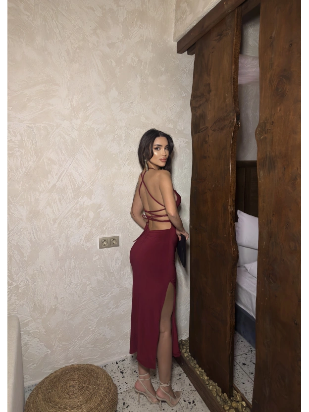 Bordo Sırt Detay Uzun Elbise