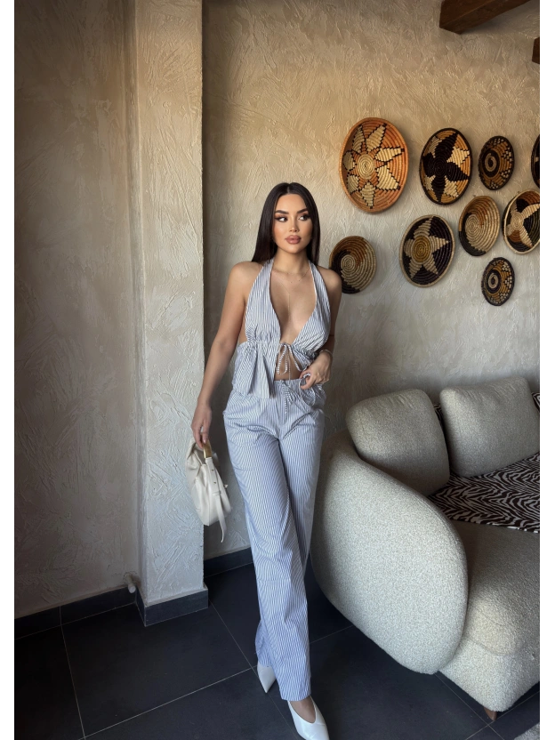 Siyah Çizgili Desen Boyundan Bağlamalı Takım