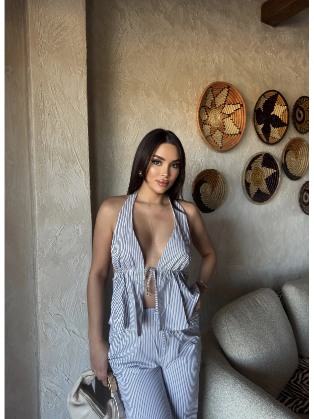 Siyah Çizgili Desen Boyundan Bağlamalı Takım