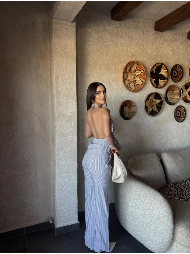 Siyah Çizgili Desen Boyundan Bağlamalı Takım