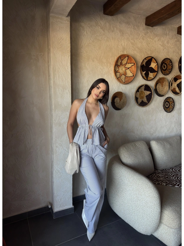 Siyah Çizgili Desen Boyundan Bağlamalı Takım