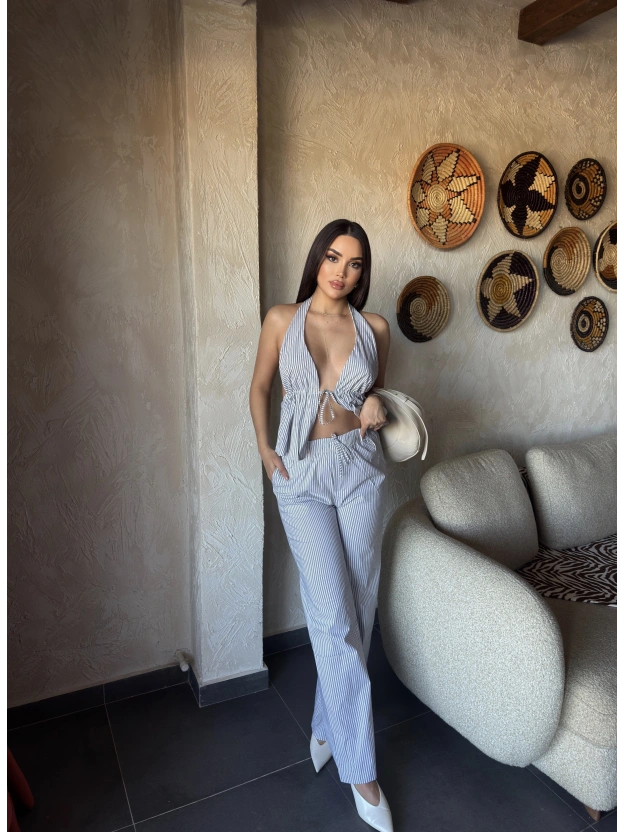 Siyah Çizgili Desen Boyundan Bağlamalı Takım