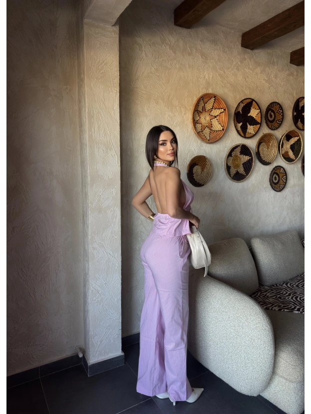 Pembe Çizgili Desen Boyundan Bağlamalı Takım