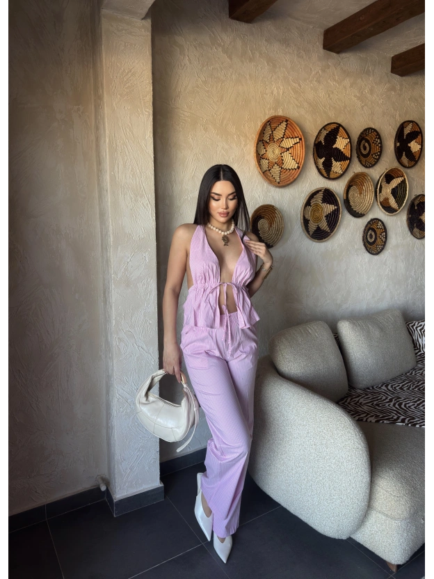 Pembe Çizgili Desen Boyundan Bağlamalı Takım