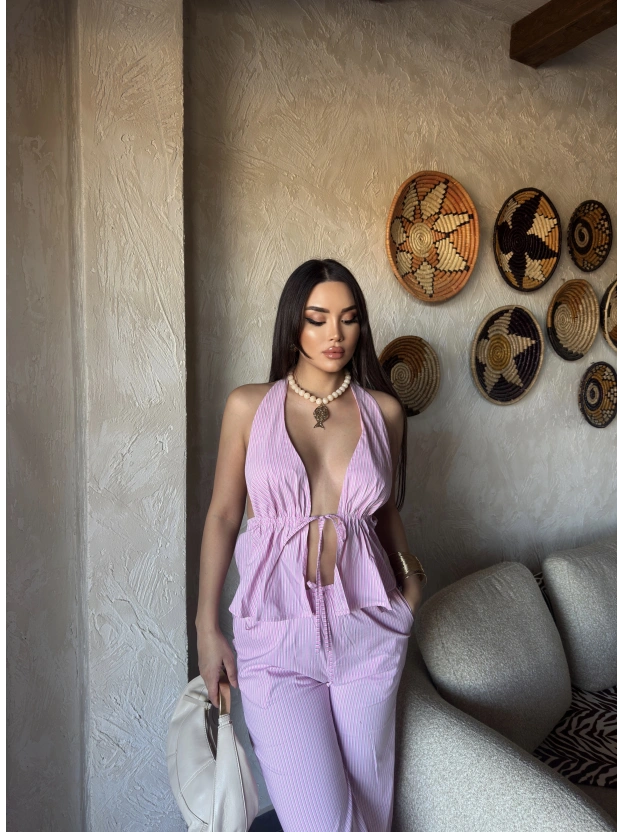 Pembe Çizgili Desen Boyundan Bağlamalı Takım