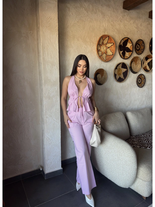 Pembe Çizgili Desen Boyundan Bağlamalı Takım